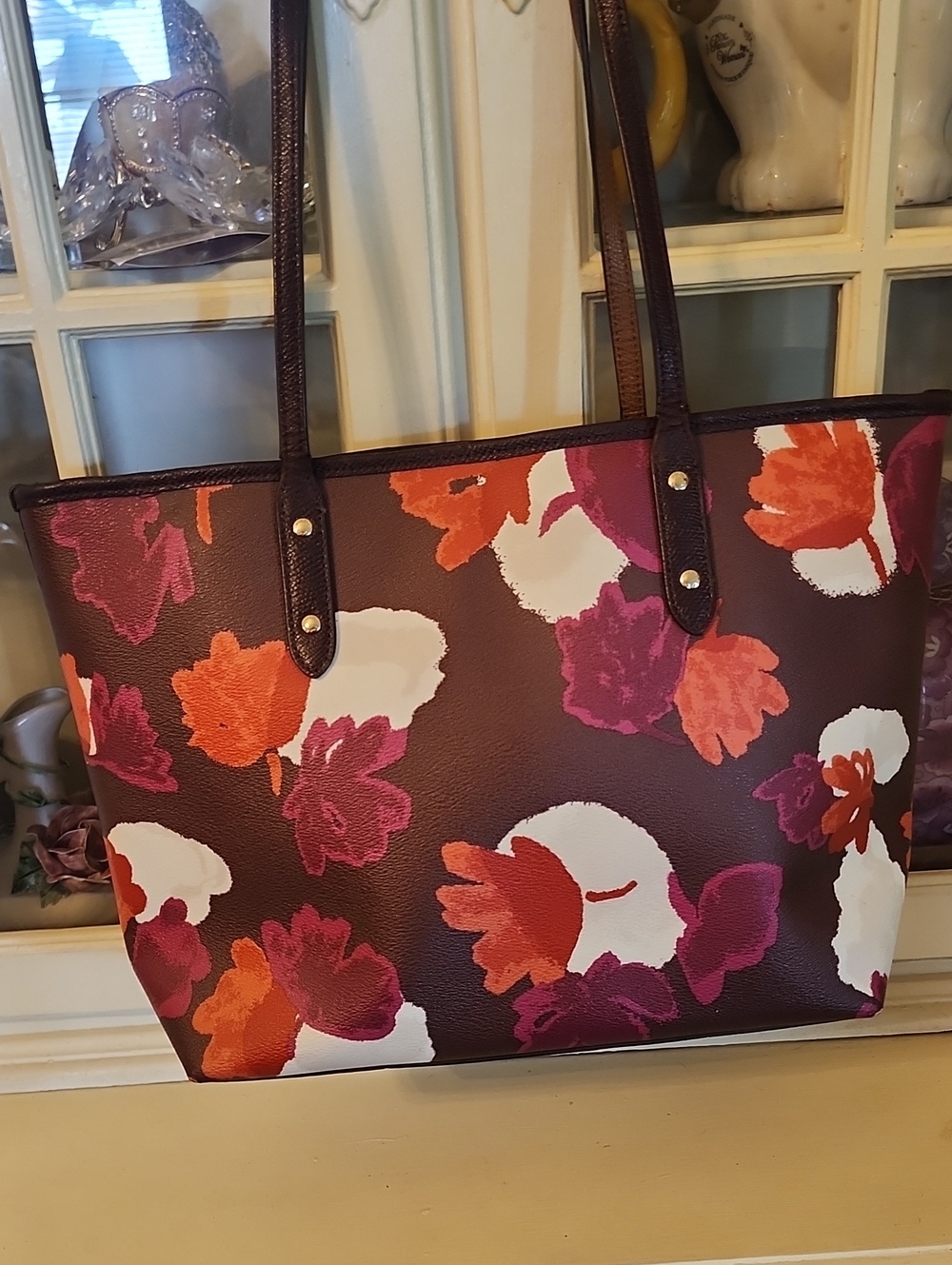 Coach Brown Floral Leather Tote with Pink, Orange & White Blossoms - Picture 4 of 9